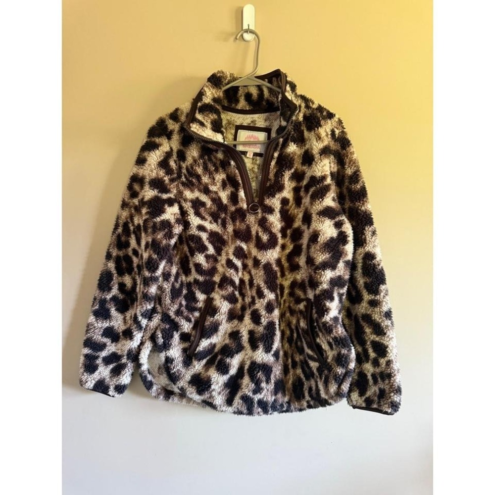 Cozy Sherpa Womens Leopard Print Quarter Zip Fleece Jacket Brown Tan Small